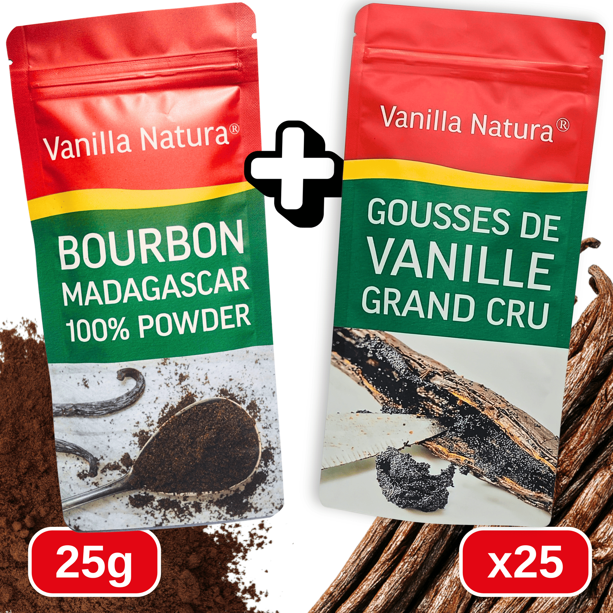 25 gousses de vanille + 25g de poudre de vanille Bourbon de Madagascar 100% gousse moulue • Vanilles en poudre de qualité premium • Longue durée de conservation • Gousse Sélection Prestige de Vanilla Natura